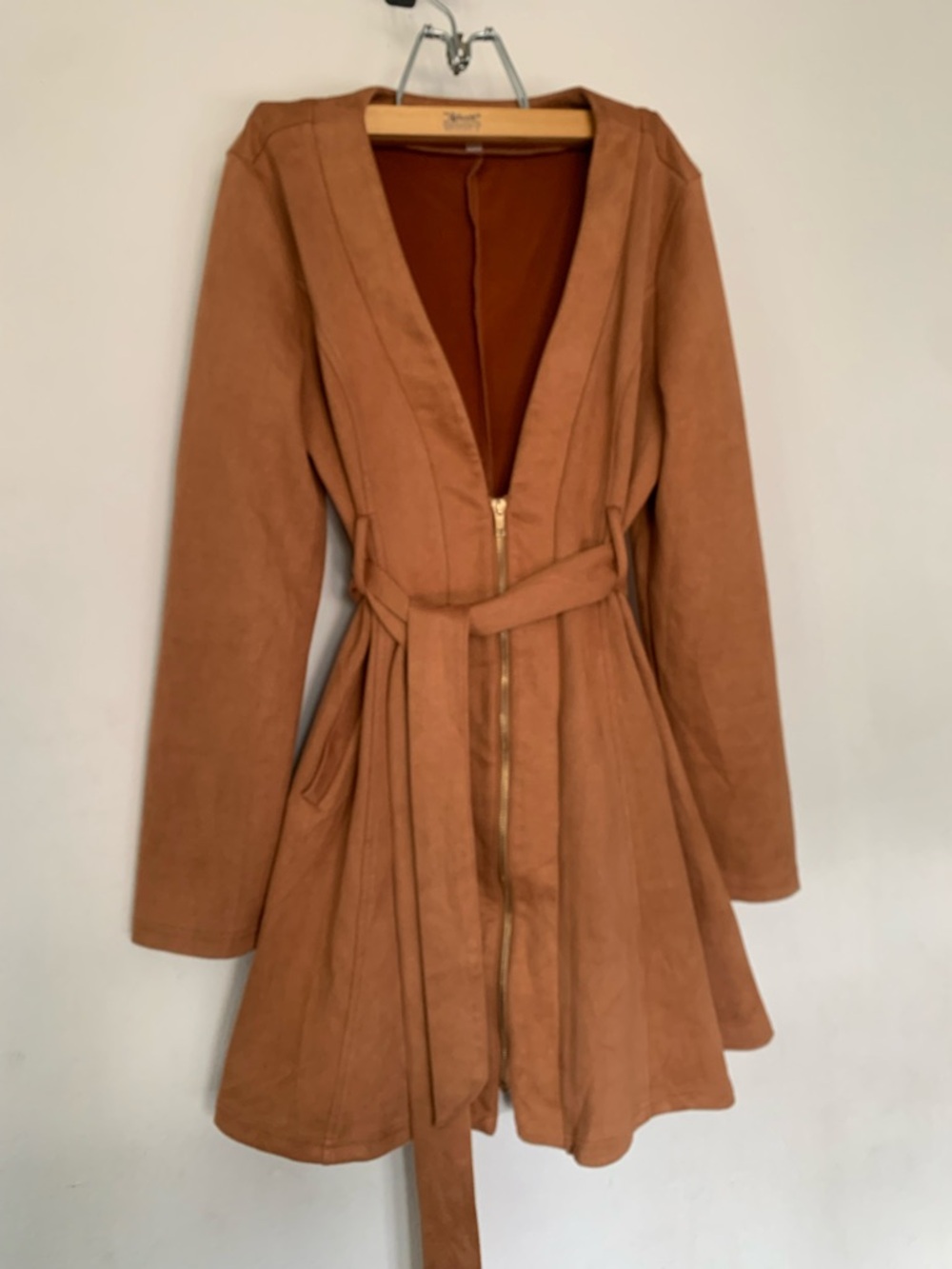 Triple 7 Suede-Look Belted Trench Coat in Warm Tan